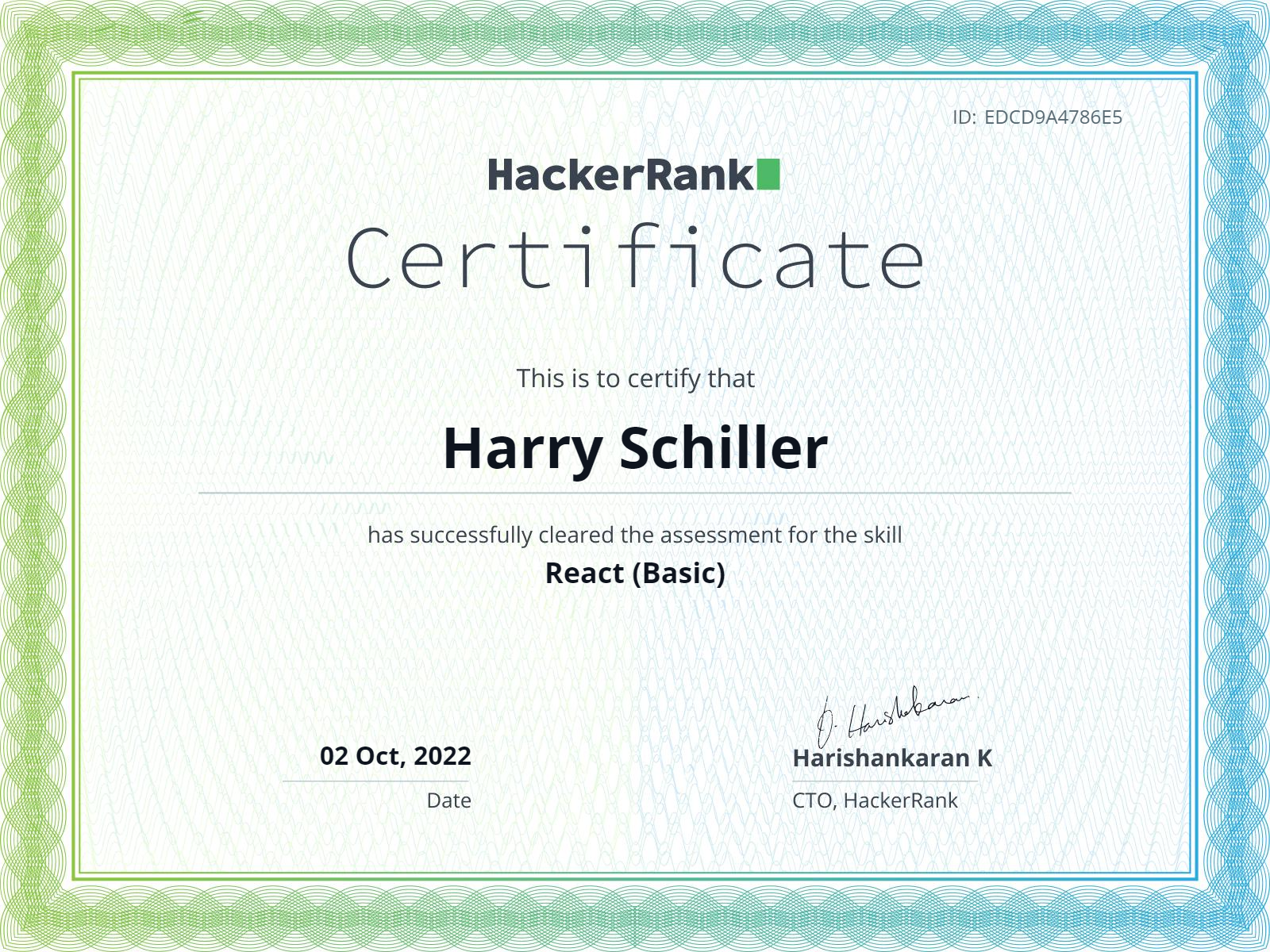 HackerRank React (Basic) Certificate